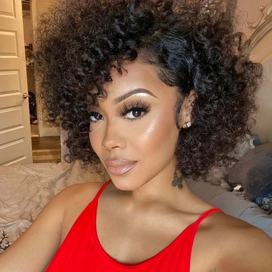Short Curly Pixie Cut Human Hair Wigs Kinky Curly Side Part Lace Wig Perruque - £44.93 GBP