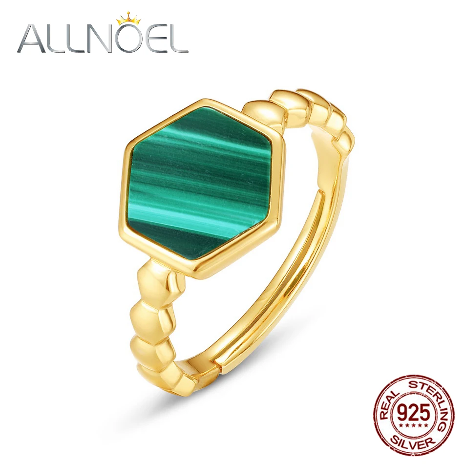 Natural Hexagon Malachite Rings Solid 925 Sterling Sliver For Women Gold Plated  - £27.12 GBP