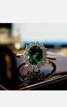 3.30Ct Oval Simulated Green Emerald Diamond Halo Ring 14K White Gold Plated - £78.56 GBP
