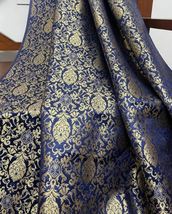 Indian Banarasi Brocade fabric Navy Blue &amp; Gold Fabric Wedding Dress Fabric-NF41 - £5.98 GBP+