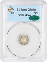 1866 3cS PCGS/CAC MS66 ex: D.L. Hansen - £4,764.02 GBP