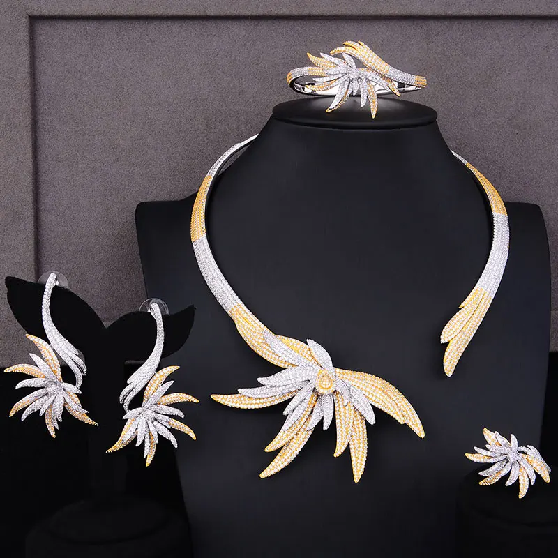 Luxury Palm Tree Leaf Nigerian Choker Jewelry sets For Women Wedding Cub... - $231.28