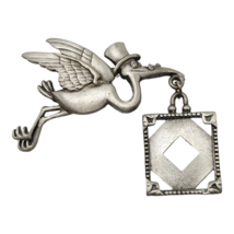 JJ Flying Stork Carrying Picture Frame Brooch Pin Silver Tone Vintage - £13.75 GBP