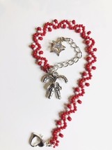 Holiday Christmas Bracelet Charms Silver Red White Candy cane Star Beaded Woven - £11.55 GBP