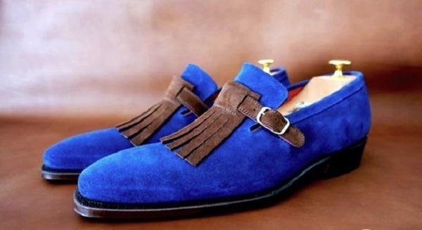 Men,s Handmade Blue Suede Monk Shoes, Men Brown Monk Genuine Leather Shoes 2019