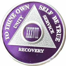 38 Year Purple Silver Plated AA Medallion XXXVIII AnniversaryChip - $17.81