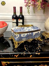 Luxury Blue and White Porcelain Tissue Box with Brass Accents  Decorati... - $649.00