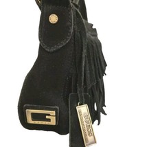 GUESS Satchel Black Suede Leather Fringe Hippie Chic Boho Logo Fob Lining - £24.53 GBP