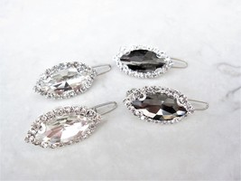 Two small tiny dark gray or clear crystal hair pin clip barrettes fine hair - £10.41 GBP