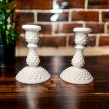Fenton Vintage Pair Hobnail Milk Glass Taper Candle Holders 6in Tall - $21.04