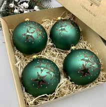 Set of 4 green with stars Christmas glass balls, hand painted ornaments ... - $56.25
