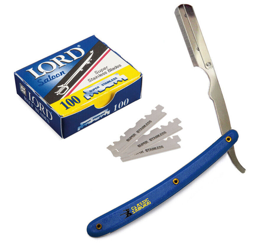 Stainless Steel Blue Straight Edge Barber Razor + 100 Lord Single Blades... - $13.85