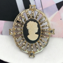 Vintage Clear Rhinestones Black &amp; White Cameo Brooch Pin Silver Tone Estate - £6.34 GBP