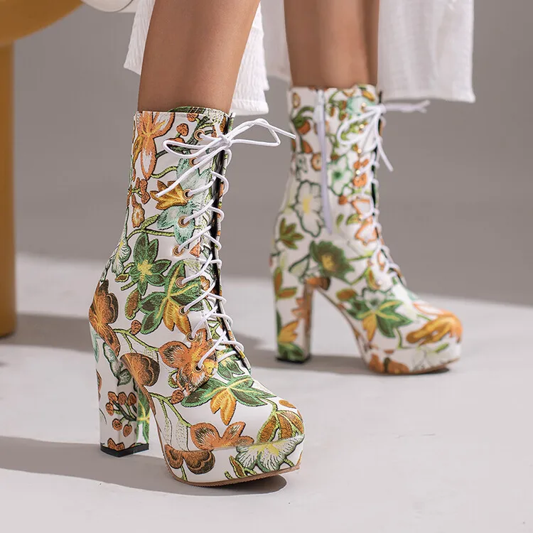 Womens Ethnic Embroidery Pointed Toe Ankle Boots Chelsea Western Block Heel boy  - £115.05 GBP