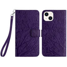 For iPhone 13 Tree Birds Embossed Pattern Leather Phone Case(Purple) - £3.94 GBP