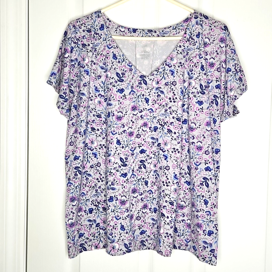 J Jill Luxe Supima Pleat Back T-Shirt Tee L Short Sleeve Purple Floral V... - $18.43