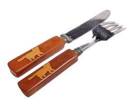 1950&#39;s Catalin Childrens Knife and Fork Set with inlaid Cats - £44.77 GBP