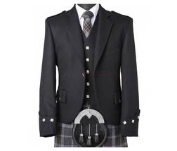 Scottish Black Serge Wool Argyle Kilt Jacket With Vest Handmade Wedding Jacket  - £75.76 GBP