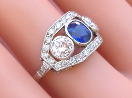 Estate Art Deco 1ct Sapphire 1.35ctw Diamond 3-STONE Anniversary Cocktail Ring - £3,193.31 GBP
