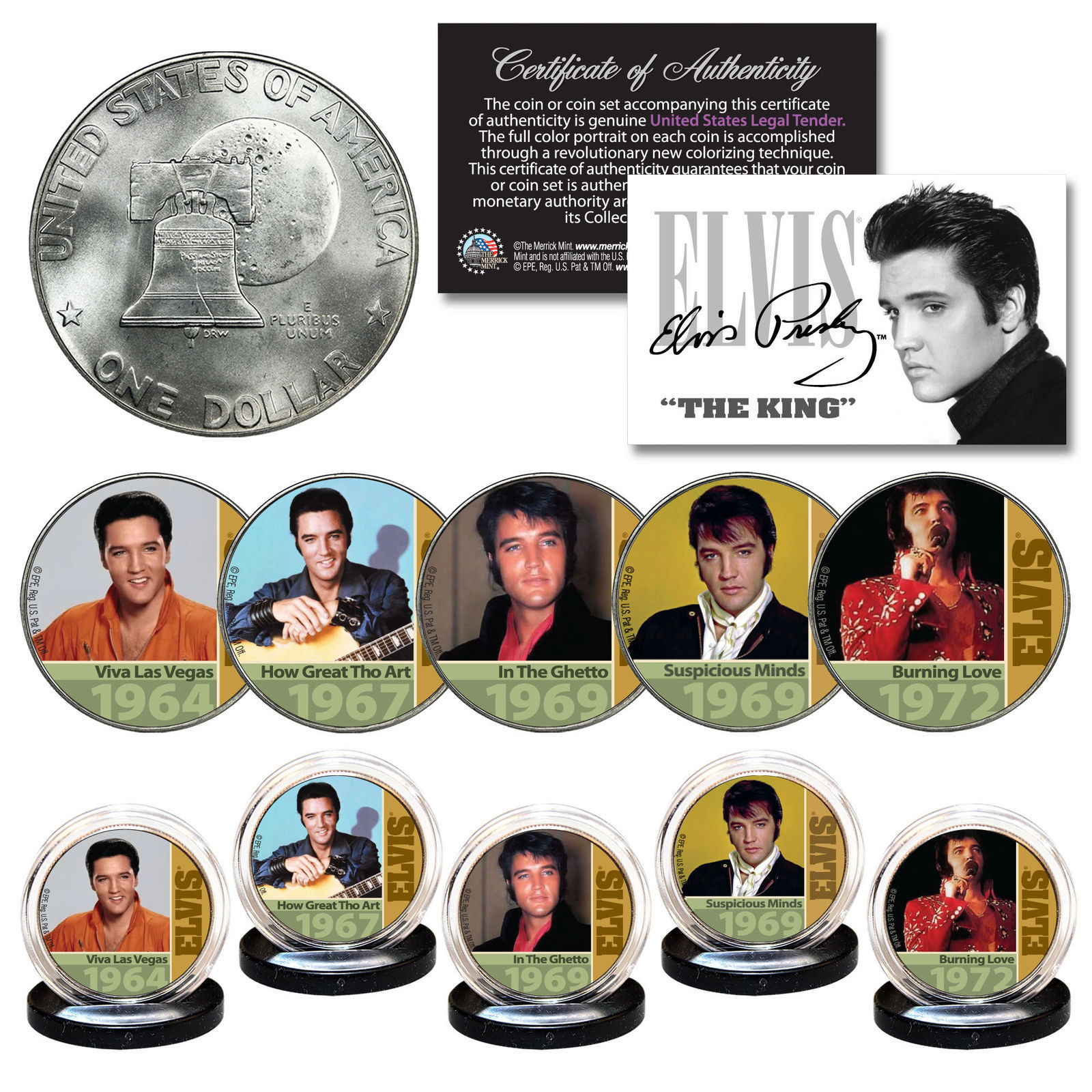 Primary image for ELVIS PRESLEY 1960's-70's Music Hits 1976 Bicentennial IKE Dollar 5-Coin Set COA