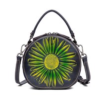 Genuine Leather Women Circular Messenger Shoulder Top Handle Bag Sun Flower Fema - £94.91 GBP