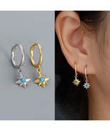 Dainty Opal Star Charm Hoop Earrings Gold Silver Star Dangle Drop Hoop E... - £10.16 GBP