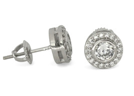Halo Round Studs 9mm Silver Plated Cz Hip Hop Screw Back Earrings - £7.88 GBP