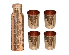 Copper Water Drinking Bottle 4 Hammered Tumbler Glass Ayurveda Health Benefits - £34.17 GBP