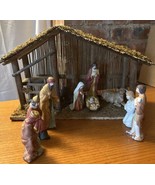 Nativity Set Wood Stable And Ceramic Figures Vintage - £19.10 GBP