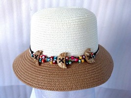 New Summer Sun Floppy Hat IVORY Taupe Straw Beach Bead Wide Brim Folding Cap Hat - £8.60 GBP