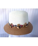 New Summer Sun Floppy Hat IVORY Taupe Straw Beach Bead Wide Brim Folding Cap Hat - £8.56 GBP