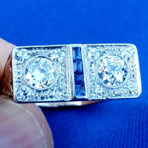 Earth mined Diamond Sapphire Deco Engagement Ring Antique Platinum 14k Setting - £3,796.57 GBP
