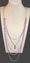 Charming Charlie Gold Tone Layered Chain Blue Purple Beaded Pendant Necklace - £10.25 GBP