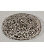 Vtg Silverplate Oval Flower Design Metal Belt Buckle Great Patina Made i... - €16,14 EUR