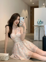 Korean Chic Backless Chiffon Mini Dress Women 2024 Summer Floral Print Sexy Slee - £55.46 GBP+
