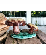Vintage Double Mushroom Ceramic Hat Pin Holder Yellow &amp; Brown Tones Beau... - $26.97