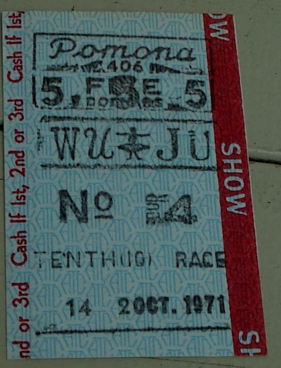 Nice Vintage Pomona Race Ticket Stub, Tenth Race, October 20, 1971, VGC - $2.96