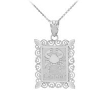 10k White Gold Cancer Zodiac Sign Filigree Rectangular Pendant Necklace - £124.60 GBP+