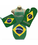 Brazil Flag Kitchen BBQ Set 3pc Apron Oven Mitt Pot Holder - £14.01 GBP