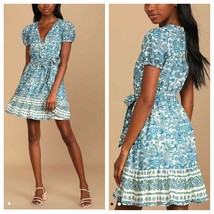 Lulus Blue Floral Print Puff Sleeve Mini Dress, party, summer, spring - £45.89 GBP