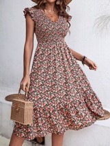 allbrand365 designer Womens Ditsy Floral Print Shirred Ruffle Trim Dress... - $85.00