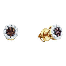 14k Yellow Gold Round Brown Diamond Flower Cluster Earrings - £482.14 GBP