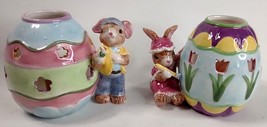 Bunny and Egg Candle Holder Boy and Girl Porcelain Figurine Easter - £11.38 GBP