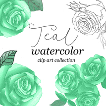 Teal Watercolor Rose Hand Drawn Collection/PNG Clip Art/Sublimation/Comme - £4.00 GBP