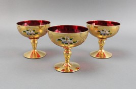 Tre Fuochi Venetian Murano Glass Ruby Red 24K Gold Floral Champagne Glas... - $499.99