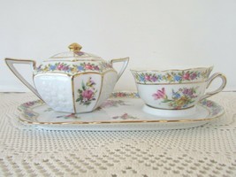 VTG GANZ DESSERT SET CUP TRAY AND SUGAR BOWL PINK ROSES &amp; BLUE FLORALS - $275.87 MXN