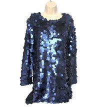 Zara Knit Women&#39;s Sequin Shift Dress Size Small Navy Blue Long Sleeve Glam - $56.62