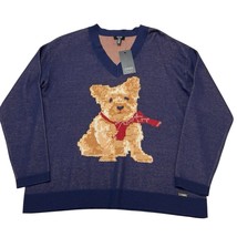 Jones New York Sweater Women L Blue Scarfed Dog Knit Pullover V Neck Cas... - $27.28