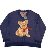 Jones New York Sweater Women L Blue Scarfed Dog Knit Pullover V Neck Cas... - $27.28
