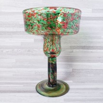 Hand-Blown Art Glass Green &amp; Red Confetti 12 oz. Margarita Glass - £13.64 GBP